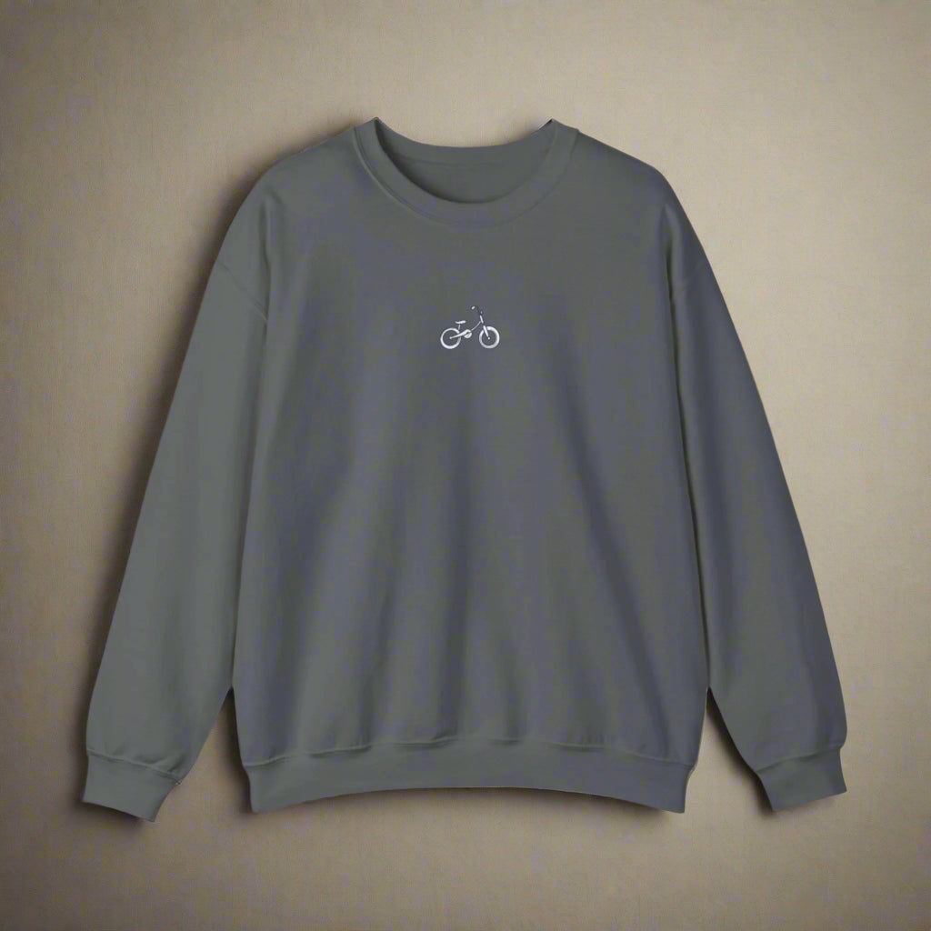 Gray sweatshirt with a small bicycle logo on a white background