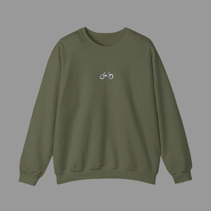 Green sweatshirt with a small bicycle logo on a white background