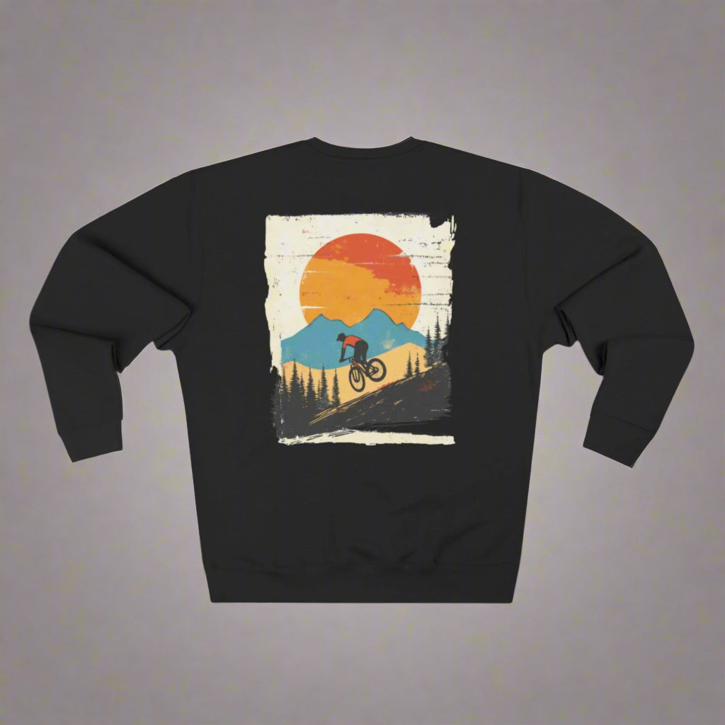 Black sweatshirt with a mountain bike graphic on the back against a white background