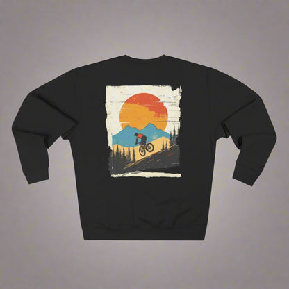 Black sweatshirt with a mountain bike graphic on the back against a white background