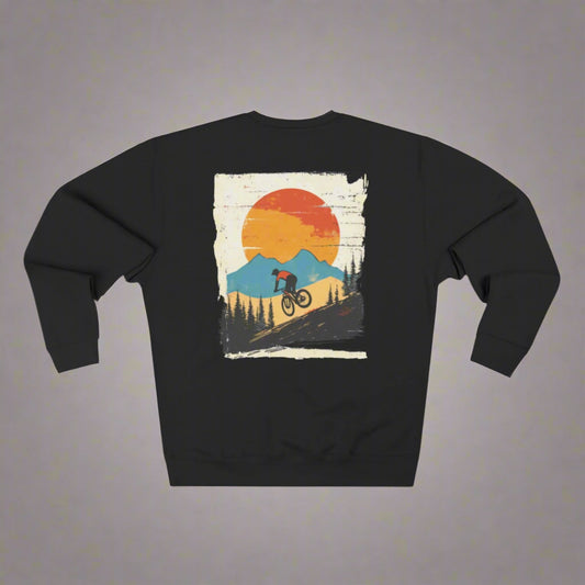 Black sweatshirt with a mountain bike graphic on the back against a white background