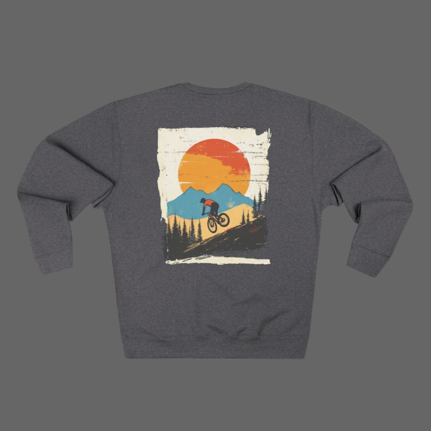 Gray sweatshirt with a graphic of a mountain and cyclist on the back