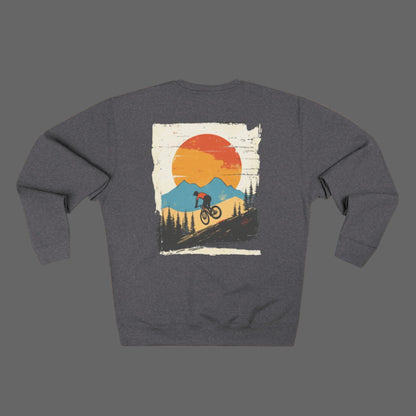 Gray sweatshirt with a graphic of a mountain and cyclist on the back