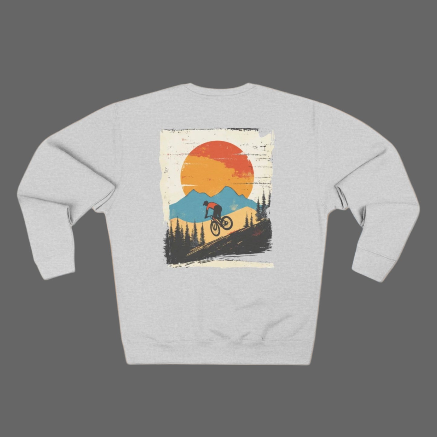 Gray sweatshirt with a graphic of a mountain and cyclist on the back
