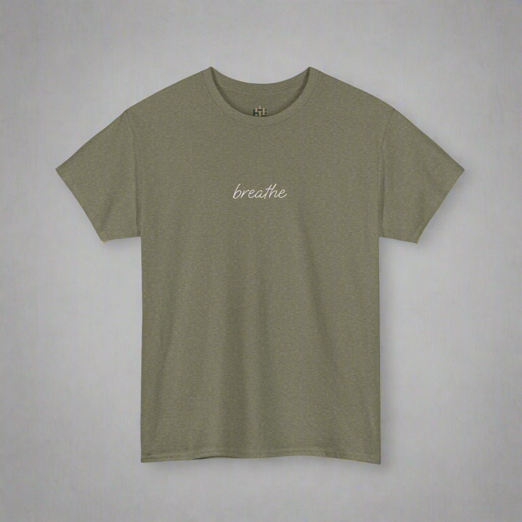 Green t-shirt with 'breathe' text on a white background