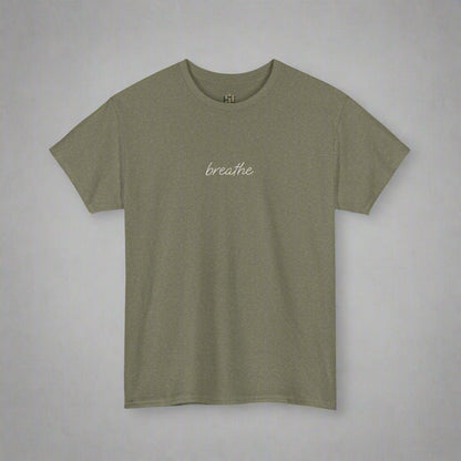 Green t-shirt with 'breathe' text on a white background