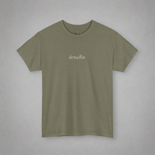 Green t-shirt with 'breathe' text on a white background