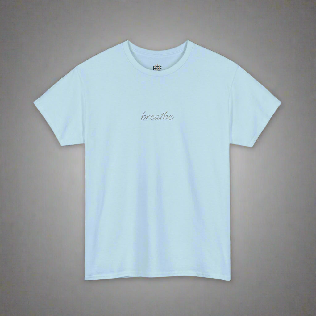 Light blue t-shirt with 'breathe' text on a white background