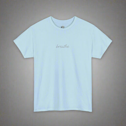 Light blue t-shirt with 'breathe' text on a white background