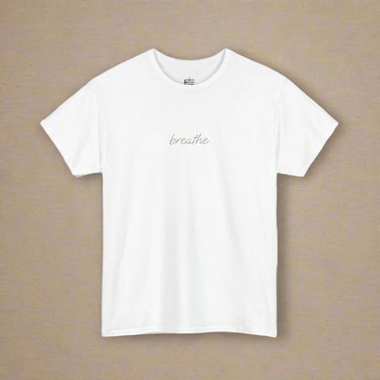 White t-shirt with 'breathe' text on a white background