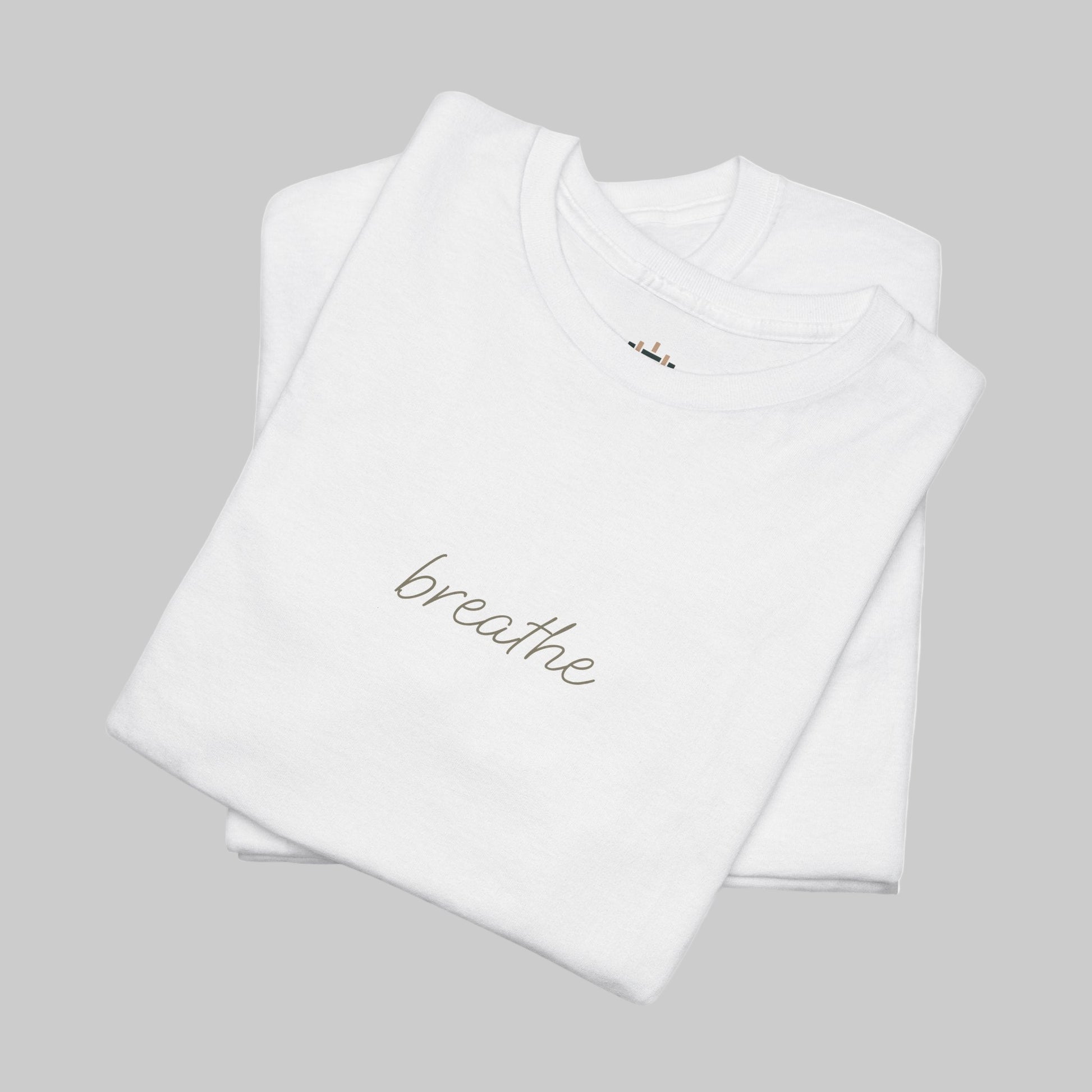 White t-shirt with 'breathe' text on a white background