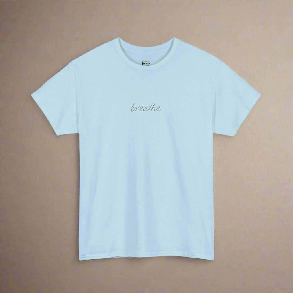 Light blue t-shirt with 'breathe' text on a white background