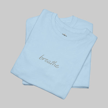 Light blue t-shirt with 'breathe' text on a white background