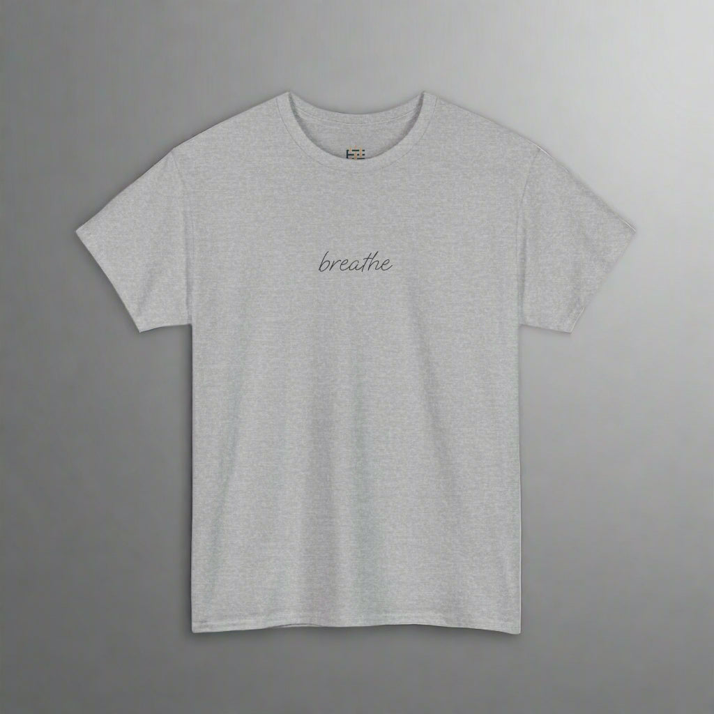 Gray t-shirt with 'breathe' text on a white background