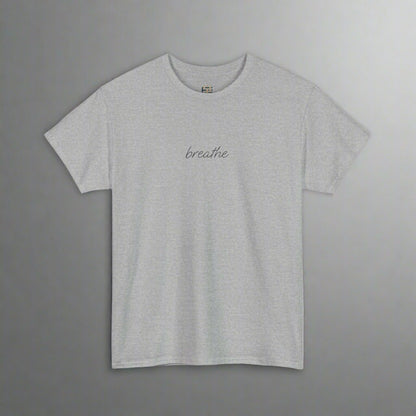 Gray t-shirt with 'breathe' text on a white background