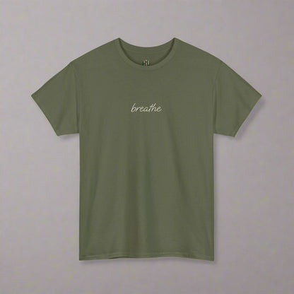 Green t-shirt with 'breathe' text on a white background