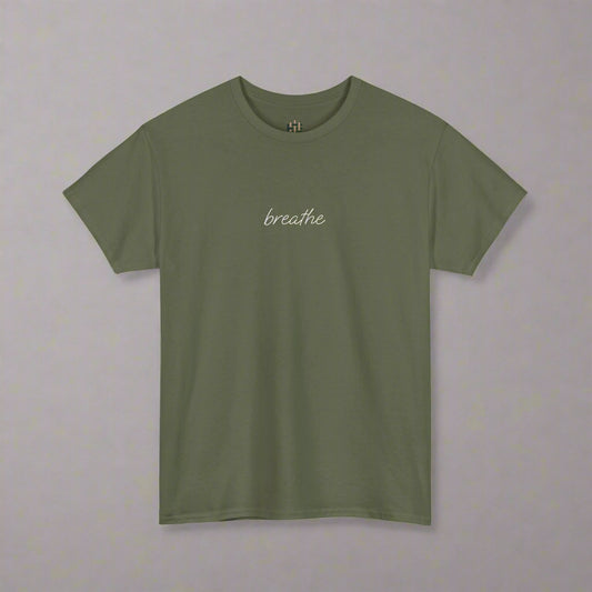 Green t-shirt with 'breathe' text on a white background