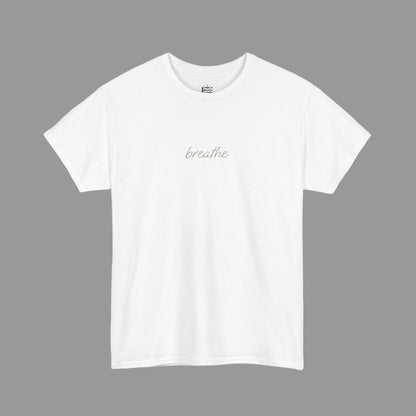 White t-shirt with 'breathe' text on a white background