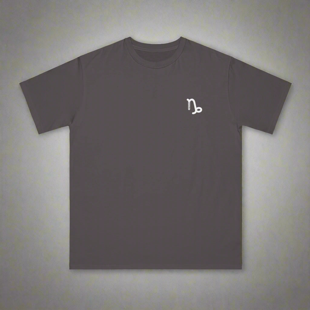 Dark gray t-shirt with a white logo on a white background