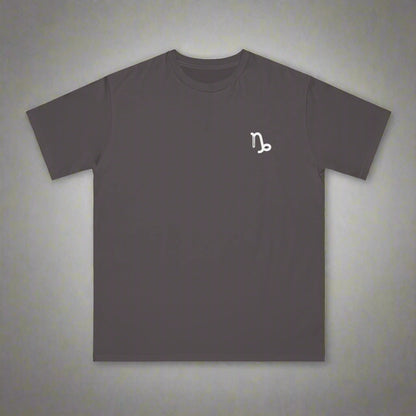 Dark gray t-shirt with a white logo on a white background