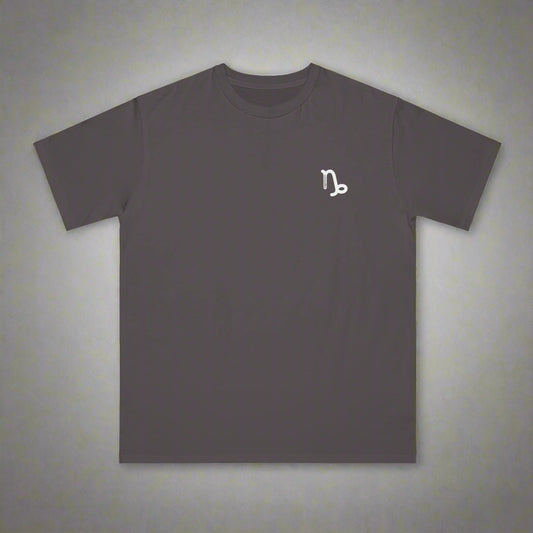 Dark gray t-shirt with a white logo on a white background