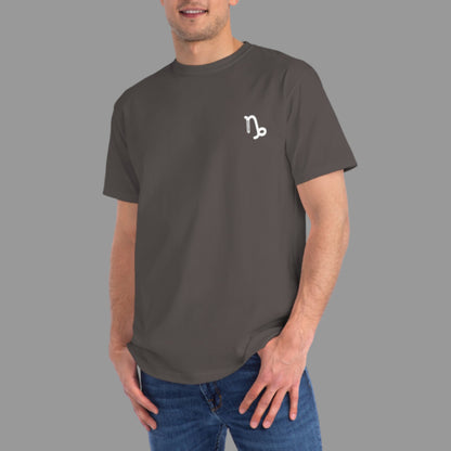 Man wearing a dark gray t-shirt with a white logo on a white background