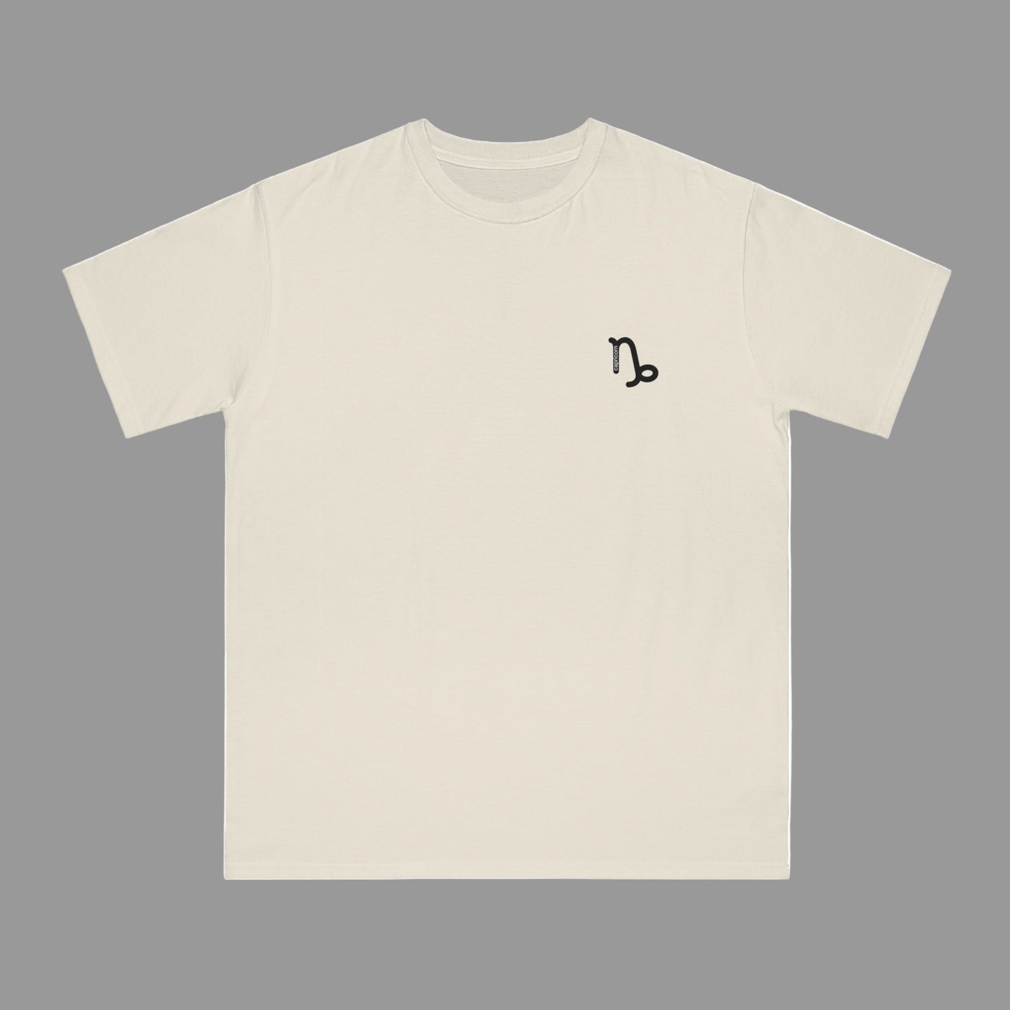 Beige t-shirt with a black symbol on the chest against a white background