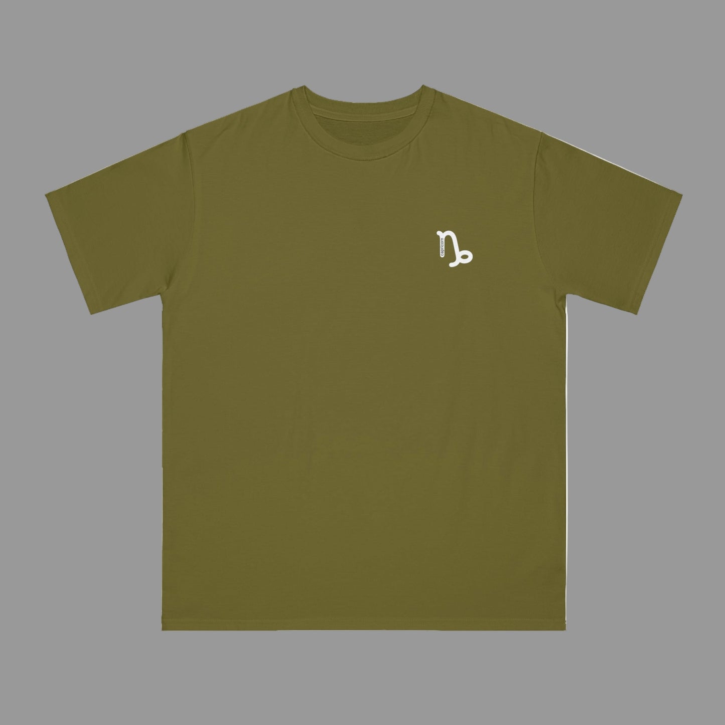 Green t-shirt with a white logo on a white background