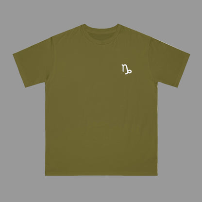 Green t-shirt with a white logo on a white background