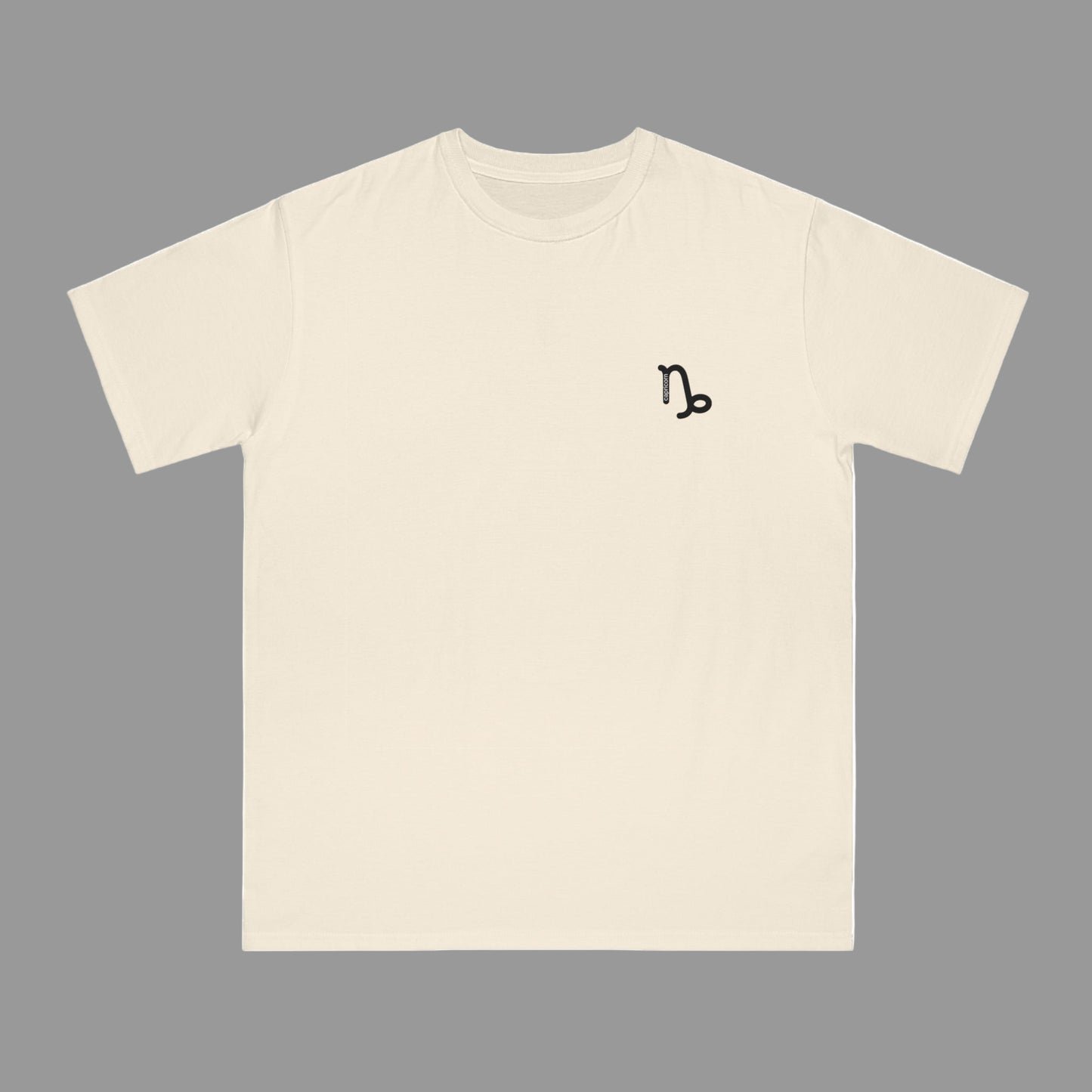 Beige t-shirt with a black astrological symbol on a white background