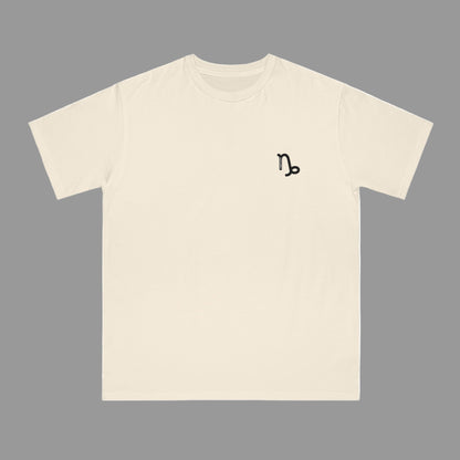 Beige t-shirt with a black astrological symbol on a white background