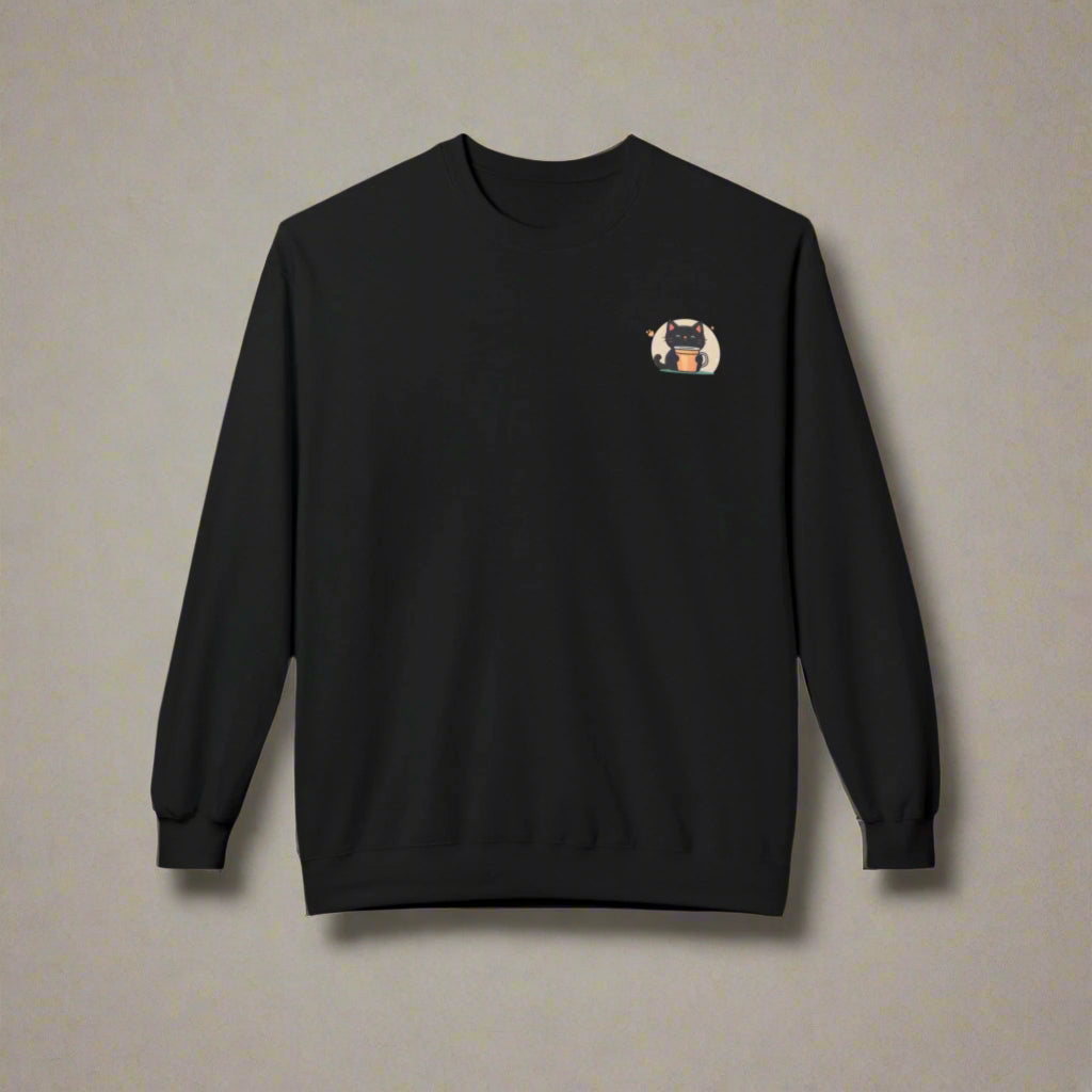 Black sweatshirt with a small colorful graphic on the chest against a white background