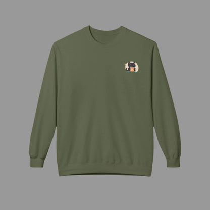 Green sweatshirt with a small graphic on the chest against a white background