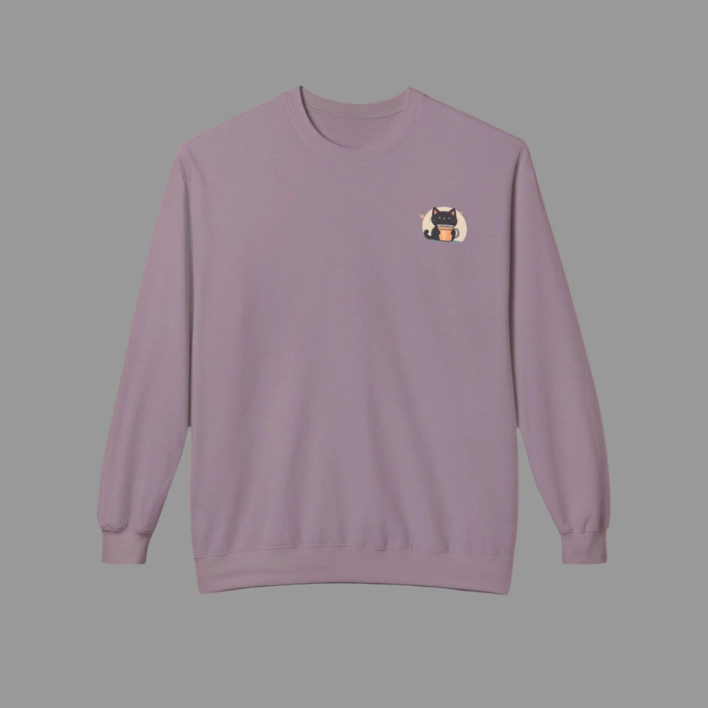 Purple sweatshirt with a small graphic on the chest against a white background