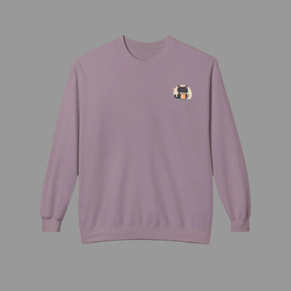 Purple sweatshirt with a small graphic on the chest against a white background