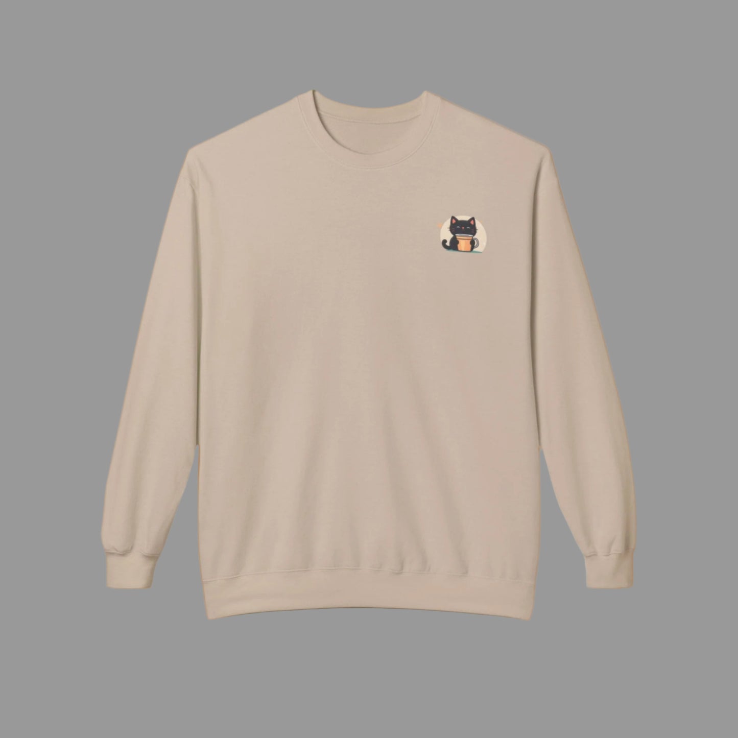 Beige sweatshirt with a small graphic on the chest against a white background