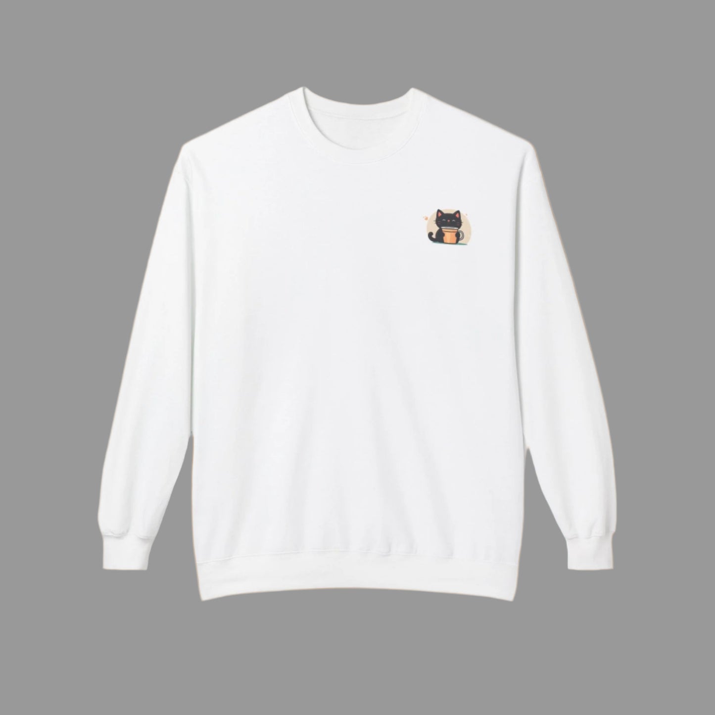 White sweatshirt with a small black and orange logo on a white background