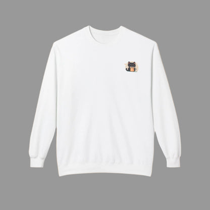 White sweatshirt with a small black and orange logo on a white background