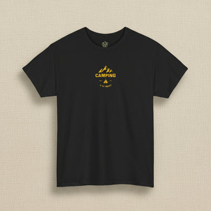 Black t-shirt with yellow 'Camping' graphic on a white background