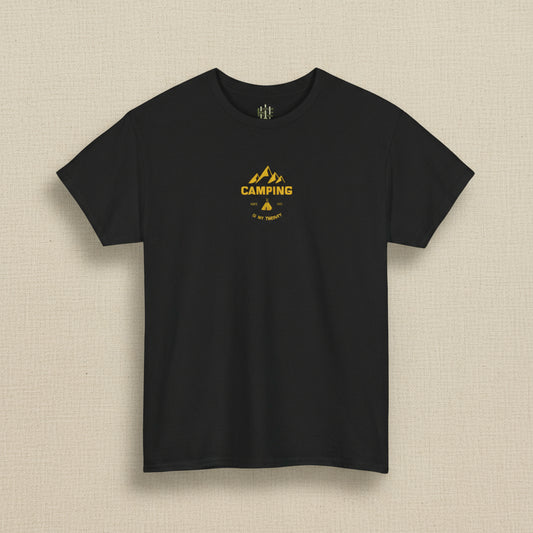 Black t-shirt with yellow 'Camping' graphic on a white background