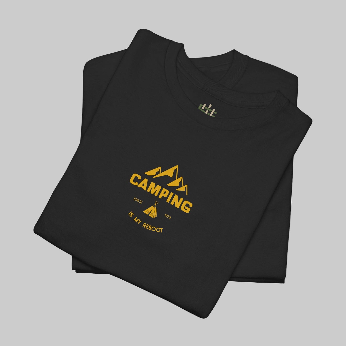 Black t-shirt with yellow 'Camping is my Rescue' design on a white background
