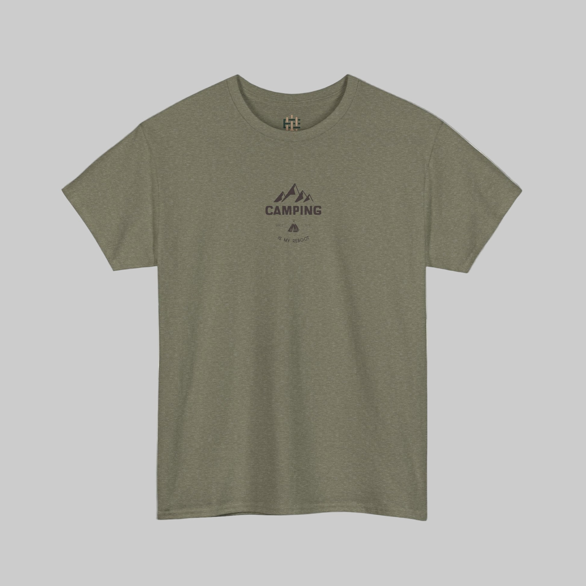 Green t-shirt with 'Camping' graphic on a white background