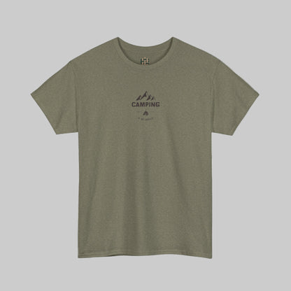Green t-shirt with 'Camping' graphic on a white background
