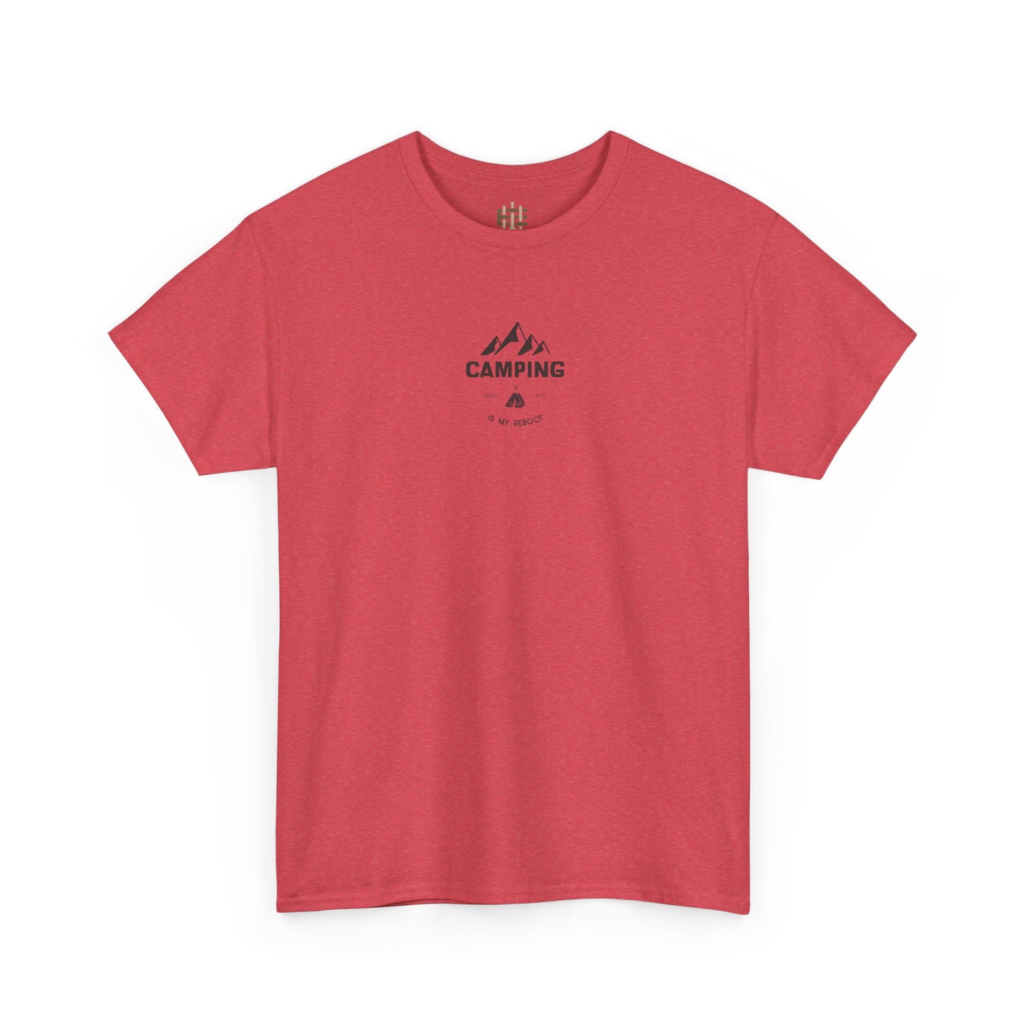 Red t-shirt with 'Camping' graphic on a white background