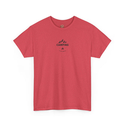 Red t-shirt with 'Camping' graphic on a white background