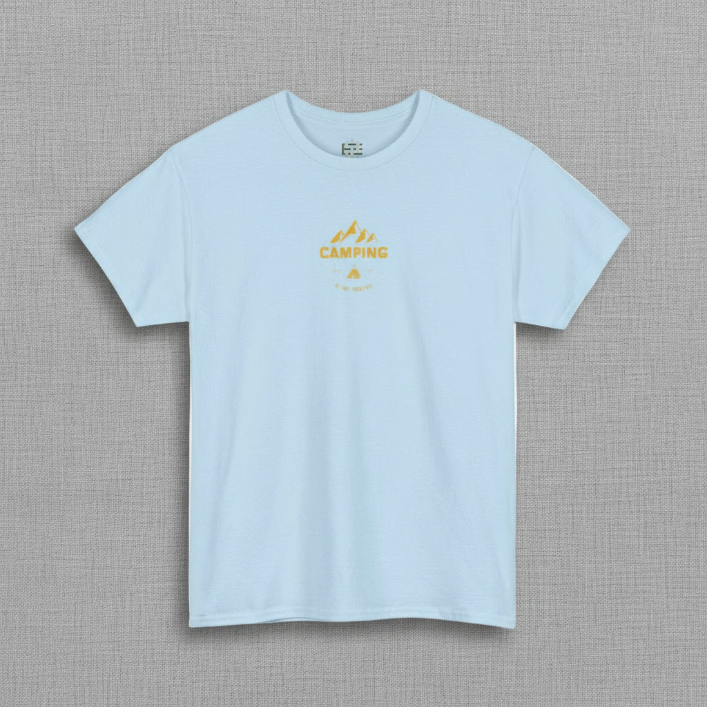 Light blue t-shirt with yellow 'Camping' text and mountain graphic on a white background