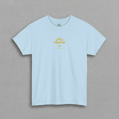 Light blue t-shirt with yellow 'Camping' text and mountain graphic on a white background