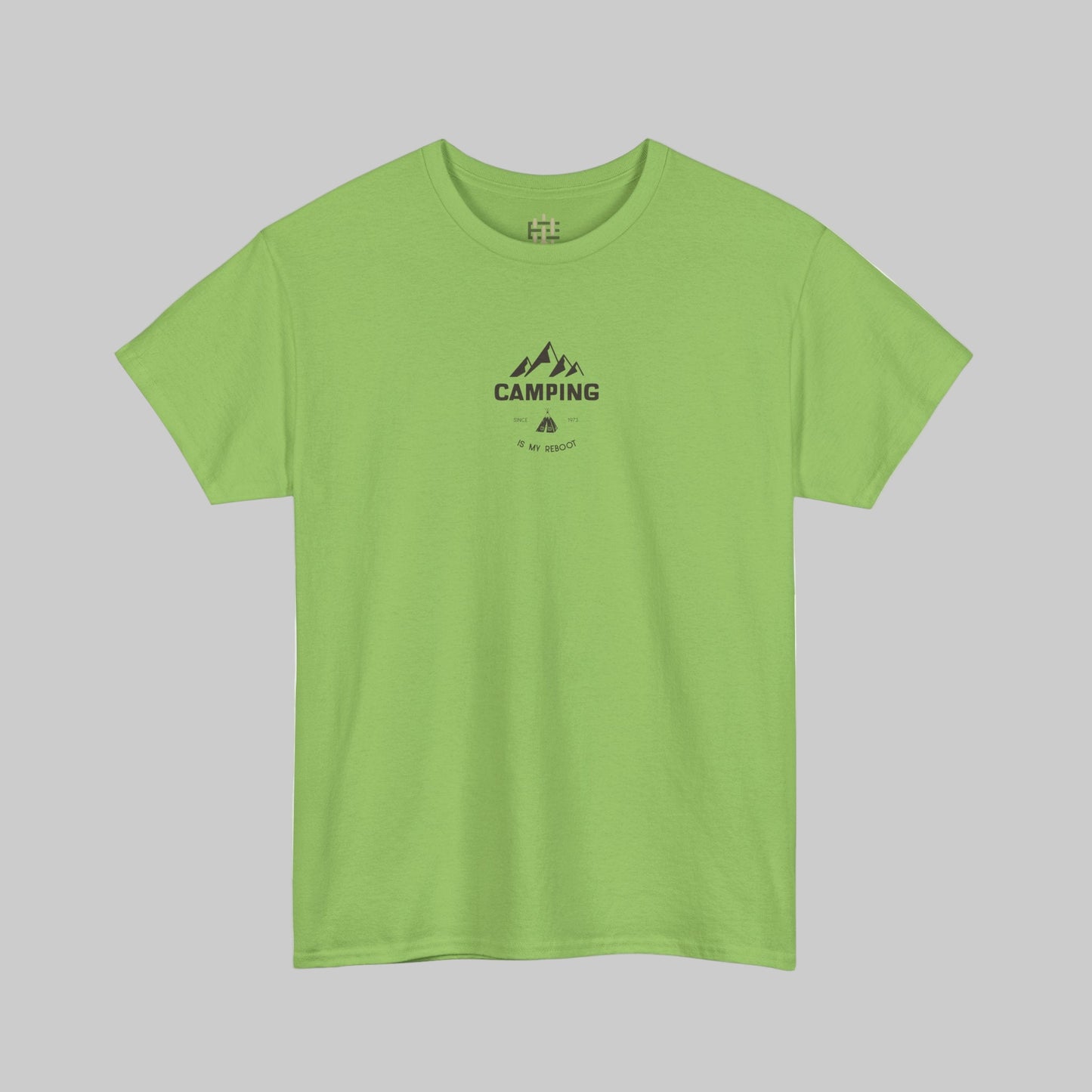 Green t-shirt with 'Camping' graphic on a white background