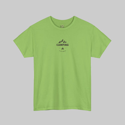 Green t-shirt with 'Camping' graphic on a white background
