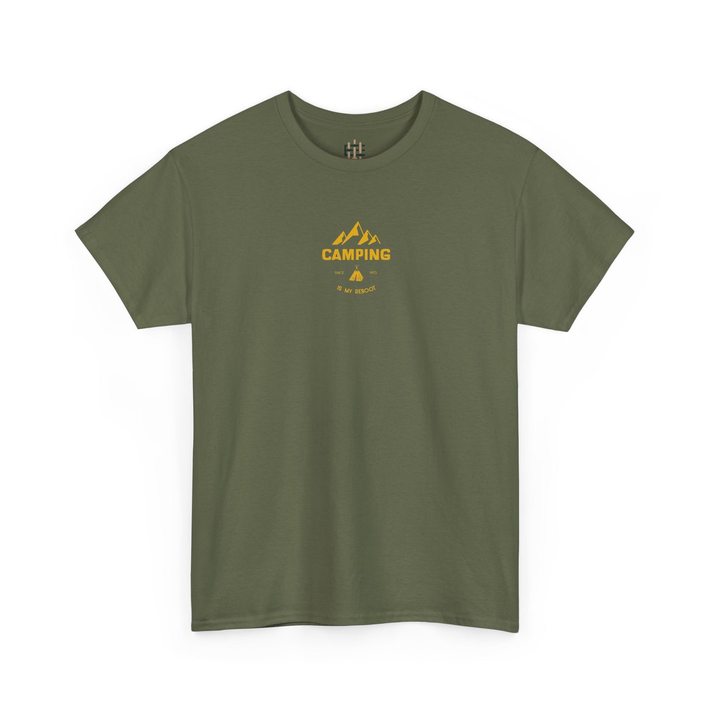 Green t-shirt with yellow 'Camping' graphic on a white background